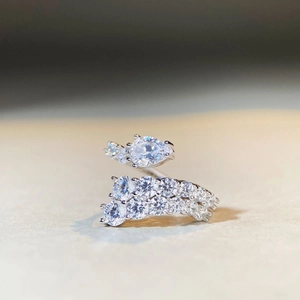 925 Sterling Silver Water Drop Adjustable Open Ring For Women Luxury Rhinestone Inlaid Leaf Geometric Finger Ring Fashion Jewelry