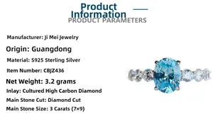 Detailed view of S925 silver ring featuring a 3ct sky blue oval-cut gemstone with side diamonds