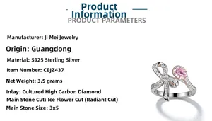 Detail of S925 sterling silver bow ring with pink ice cut high carbon diamond stones