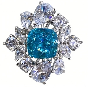 Elegant S925 silver ring featuring a blue cushion cut stone in a flower cluster setting