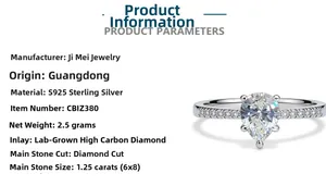 Detailed specifications of pear cut 1.25ct moissanite ring with S925 silver band