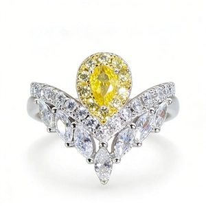 S925 sterling silver tiara ring with yellow pear-cut stone and marquise accents