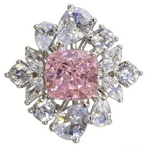S925 sterling silver ring with pink ice flower cut diamond and white pear gemstones