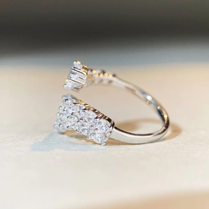 Adjustable S925 sterling silver ring with square crystal and double row pavé stones