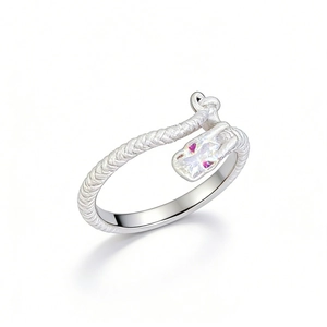 Braided S925 sterling silver open ring with a rectangular gemstone in a retro style