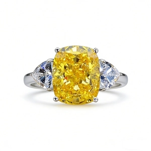 S925 sterling silver ring with cushion-cut yellow gemstone and pear-cut side stones