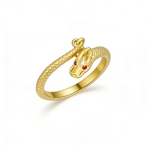 Anello drago regolabile in argento S925 con occhi in corindone rosso e finitura dorata