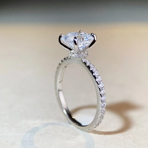 Classic S925 silver Asscher cut 2ct moissanite ring with hidden halo and pave band