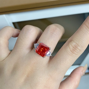 Three-stone S925 sterling silver ring with 5ct radiant red ruby and pear side diamonds