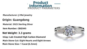 Detail of 1 carat Hearts and Arrows cut high carbon diamond in an S925 silver 6-prong setting
