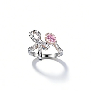S925 sterling silver bow ring with pink water drop gemstone and sparkling crystals