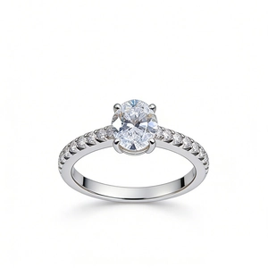 Oval cut 1ct Moissanite ring in S925 silver with a diamond-set pavé band for engagement