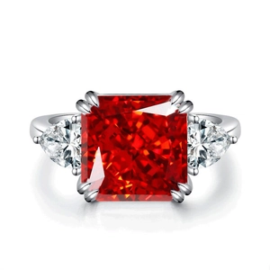 Radiant cut 5ct red gemstone ring with pear side stones in S925 sterling silver