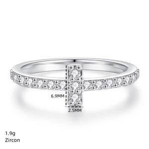 Macro shot of S925 sterling silver ring with zircon cross detail measuring 6.9mm by 2.5mm