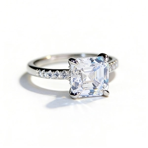 Classic S925 sterling silver Asscher cut 2ct moissanite ring with side accent diamonds