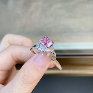 Radiant cut pink ice flower moissanite ring with S925 silver double wave diamond band