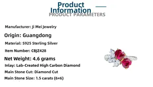 Detailed view of S925 sterling silver ring with double heart-cut 1.5ct red stones