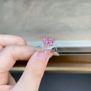 S925 sterling silver ring featuring a radiant cut pink gemstone and double layered band