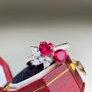 Elegant S925 silver double heart red ruby ring with marquise cut side diamonds