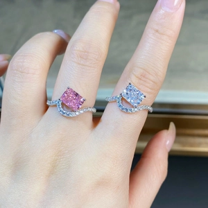 S925 sterling silver radiant cut ice flower rings in pink and white on a hand