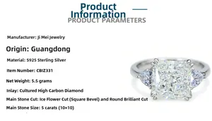 Detailed view of S925 silver ring with 5ct radiant cut diamond and pear side stones