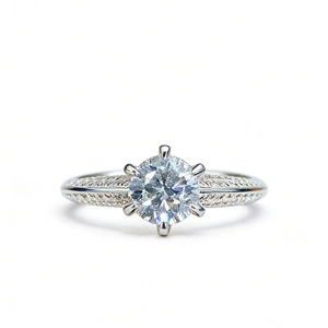 Classic S925 sterling silver solitaire moissanite ring with six-prong setting and pavé diamonds