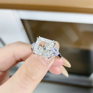 Three-stone S925 sterling silver ring with large square cut centerpiece and side stones