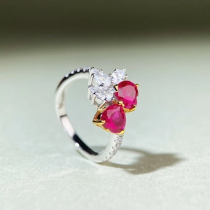 S925 sterling silver heart ring with red stones and marquise cubic zirconia accents