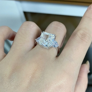 Three-stone S925 silver ring featuring square ice flower cut center stone and side gems