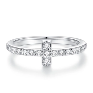 Elegant S925 sterling silver ring with T-shaped cross design and sparkling pavé diamonds