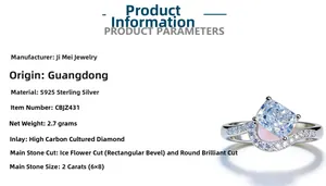 Detail view of S925 silver ring featuring 2ct radiant cut ice flower carbon diamond