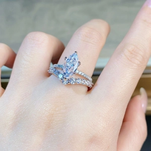 Close-up of marquise-cut ice flower carbon diamond ring set in S925 sterling silver