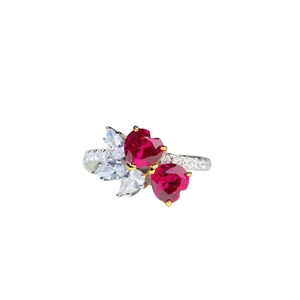 Elegant S925 sterling silver ring featuring double red heart-shaped stones and pavé diamonds