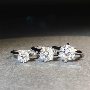 Classic 925 sterling silver six-prong moissanite rings shown in three sizes on stone base
