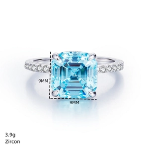Macro view of 9mm square blue zircon ring in 925 silver with detailed product specs