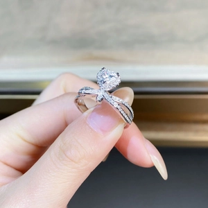 S925 Sterling Silver Heart Moissanite Ring with Criss Cross Band and Pave Diamonds