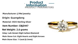 Detail view of 18K gold plated S925 silver ring with 1 carat moissanite and six-prong setting