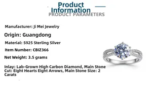 Macro view of 2-carat Moissanite ring with S925 silver setting and eight hearts and arrows cut