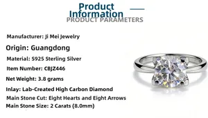 Detail of S925 sterling silver ring with 2 carat hearts and arrows cut diamond