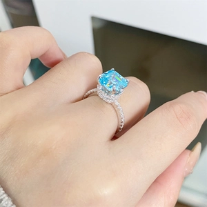 Asscher cut aquamarine ring in 925 sterling silver with halo micro-pave setting