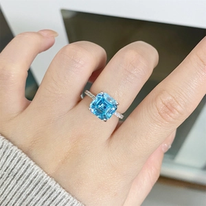 925 silver aquamarine ring with Asscher cut blue gemstone and pavé diamonds for women