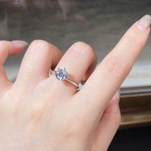 Classic six-prong moissanite ring with polished silver band shown on finger