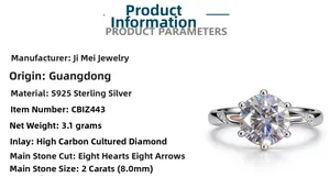 Détail d'une bague diamant de 2ct avec sertissage classique à six griffes en argent S925 pur