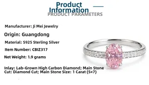 Macro view of S925 sterling silver ring with 1 carat pink oval gemstone and parameters