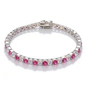 S925 sterling silver tennis bracelet with alternating pink and white zircon stones