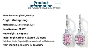 Detailed view of S925 sterling silver earrings with pink radiant cut 2ct carbon diamonds