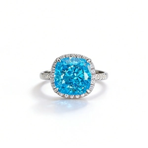 Luxury S925 silver halo ring with 5ct cushion cut aquamarine gemstone on white background