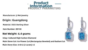 Detail showing S925 sterling silver earrings with 2ct radiant cut blue lab-grown diamonds
