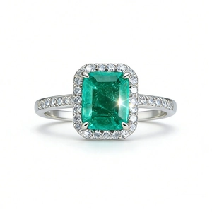 Luxurious S925 sterling silver ring with rectangular emerald halo and diamond accents