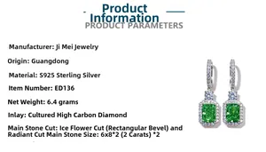 Detail specifications of 2ct radiant cut emerald green stud earrings in S925 silver